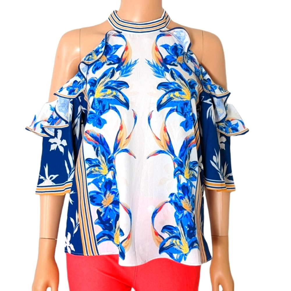 White and Blue Ruffle Open Shoulder Blouse